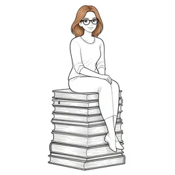 clean line art of a woman with light brown hair and glasses sitting on top of a tall pile of books. well composed, clean coloring book page, beautiful detailed face. coloring book line art by johanna basford