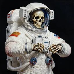 cosmonaut skeleton tearing his space suit off laurie greasley masterpiece hyper realism, intricate detail, extremely detailed vivid colors