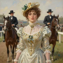 a beautiful realistic portrait painting of adriana chechik in the victorian horse racing derby, intricate, elegant, highly detailed, digital painting, artstation, concept art, by krenz cushart and artem demura and alphonse mucha
