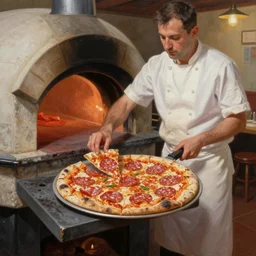 a cook putting a pizza salami in a stone oven in a restaurant, hyperdetailed picture, ultra realistic oil painting, warm colors, front view