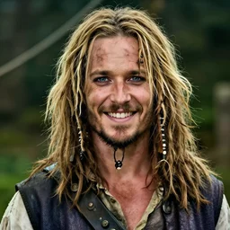 portrait photo of a messy short hair blonde dirty irish pirate, clean shaven, cinematic shot, sigma lens, smiling