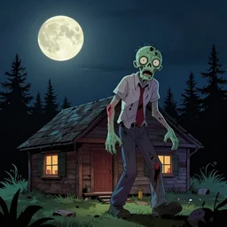horror artwork, a zombie approaches a cabin at night, moon above, colorful, scary, by michael whelan, clean