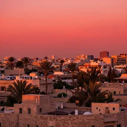 roofs of modern city with palms and egyptian vegetation lot of light radiosity red sunset, gaston bussiere, craig mullins, krenz cushart, simon stalenhag