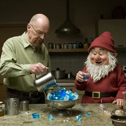 Walter White and Jessie Pinkman as dwarves cooking blue meth crystals in the Breaking Bad movie series, cinematic scene