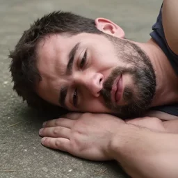 stocky hairy man hurt lying on the ground, big eyebrows, stolen footage, natural light