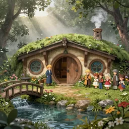 a gathering at a medieval hobbit home, ornate, beautiful, atmosphere, vibe, mist, smoke, chimney, rain, wet, pristine, puddles, waterfall, clear stream, bridge, forest, flowers, concept art illustration, color page, 4 k, tone mapping, doll, akihiko yoshida, james jean, andrei riabovitchev, marc simonetti, yoshitaka amano, digital illustration, greg rutowski, volumetric lighting, sunbeams, particles