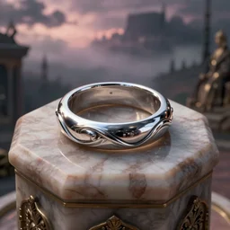 in the center lays an ancient chromed artifact in the shape of a ring, ornate with gentle shine. the ring lays on top of a marbled pedestal. the background is the sky on a misty night. beautiful lighting. close up. a detailed photorealistic raytraced masterpiece pastel. dark moody fantasy art, renaissance painting.