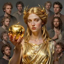 eris, discordia, greek goddess of chaos, holding an apple made of reflective gold!!! metal!!!, trending on artstation, by huang guangjian and gil elvgren and sachin teng, carl spitzweg, ismail inceoglu, vdragan bibin, hans thoma, greg rutkowski, alexandros pyromallis, perfect face,