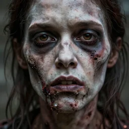 a female zombie in her first stages of decay. detailed face. sharp focus. hyper realistic. 8 k photo