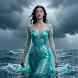dress made of water, liquid, woman, solemn, female, rising up from ocean, water armor, high detail, high contrast, close up portrait, studio lighting, stormy seas, beautiful, bokeh, snowy, storm clouds, god rays, d & d, fantasy, elegant, aquamarine color palette, concept art, roger deakins, greg rutkowski, alphonse mucha