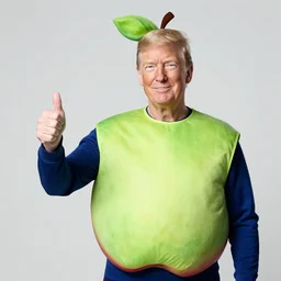 color studio photo of tim cook wearing an apple fruit costume with donald trump giving a thumbs up
