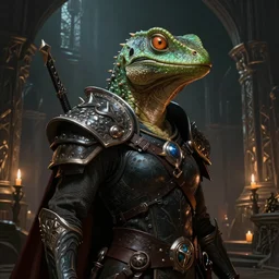 A fantasy comic book style portrait painting of a Joan of Arch with lizard head in a atmospheric dark fortress, unreal 5, DAZ, hyperrealistic, octane render, RPG portrait, ambient light, dynamic lighting,