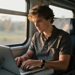 a man working on his laptop on a train, photograph