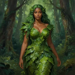 portrait of a forest mage, female, dress made of green leaves, gorgeous, green hair, brown skin, curves, forest background, matte painting, artgerm and greg rutkowski and alphonse mucha