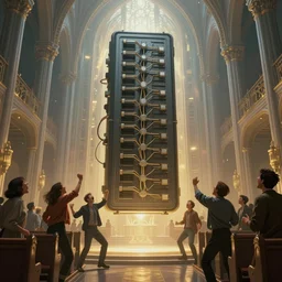 people screaming at a giant floating network switch in center of a futuristic church