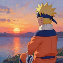 a naruto scene of naruto watching the sunset, very anime, trending artwork, 4 k, anime painter studio, an impressionist style by claude monet