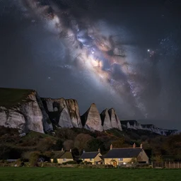 a deep field astrophotography astronomy photo of the pleiades cluster, double exposure with a nighttime landscape photo of the seven sisters cliff faces in cuckmere haven, famous composition with cottage, lpoty, award winning, beautiful, astronomy photo of the year