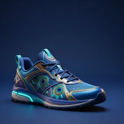 glowwave studio photo of peacock sneakers on a dark blue background from overwatch, cinematic shot, intricate, ornate, photorealistic, ultra detailed, realistic, 1 0 0 mm, photography, octane, high definition, depth of field, bokeh, 8 k, behance, artstation