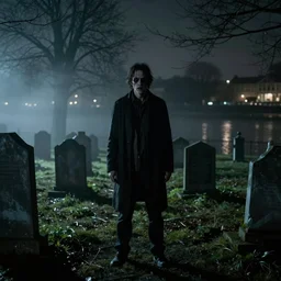 Cinematic still of creepy cemetery by the river thames at night, thick mist fills the ground, directed by Wes Craven