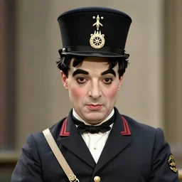 charlie chaplin as gigachad robot officer, award winning photography, 6 0 - s, close up