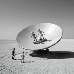 aliens are skateboarding in the SETI dish, CCTV footage, grain, black and white,