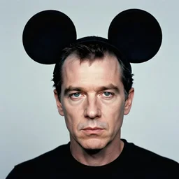 photo of andy warhol wearing mickey mouse ears