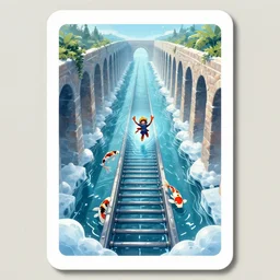 dixit card, twisted waterway, storm drain, aqueducts, focal point, character falling, koi, ice, plate, dark fantasy. intricate, amazing composition, colorful watercolor, by ruan jia, by maxfield parrish, by shaun tan, by yoshitomo nara, by escher, by gigier illustration, dream, storm, lightning, volumetric