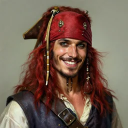 portrait of a young ruggedly handsome but joyful pirate, male, masculine, upper body, red hair, long hair, d & d, fantasy, roguish smirk, intricate, elegant, highly detailed, digital painting, artstation, concept art, matte, sharp focus, illustration, art by artgerm and greg rutkowski and alphonse mucha
