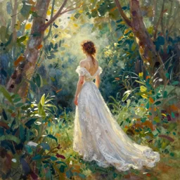 paint brush strokes, abstract watercolor painting beautiful woman from the back, wearing a long flowing white lace wedding dress in a lush jungle at sunrise, ambient lighting, art by hans dahl, by jesper ejsing, art by anders zorn, wonderful masterpiece by greg rutkowski, cinematic light, american romanticism by greg manchess, impressionism by tyler edlin