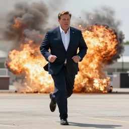 ron desantis running from an explosion in the background, medium long shot, cinematic, 2 0 mm lens, photograph