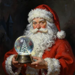 an ultra - realistic portrait painting of santa claus holding a snowglobe in the style of frank frazetta. 4 k. ultra - realistic. highly detailed. dark fantasy. epic lighting.