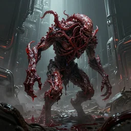 concept art by greg rutkowski, gorgon - like monster made of twisted flesh and reddish ooze, roaming the colony, looking rabid, in a claustrophobic, futuristic and brutalist environment, frightening and creepy atmosphere, scifi, digital painting, artstation, concept art, smooth, sharp foccus ilustration, artstation hq