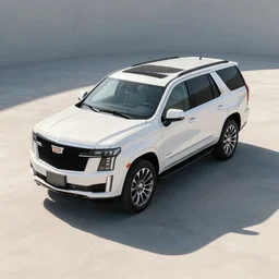 A high angle shot, clean single, white SUV inspired by Cadillac Escalade and Chevrolet Tahoe