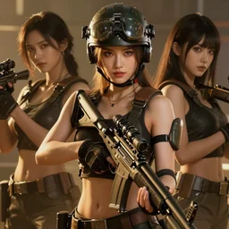 a sexy alluring sniper girl in war, with futuristic gear and helmet, portrait by nina masic and ross tran and miho hirano, detailed, epic video game art, warm color tone