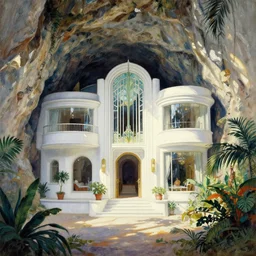 vintage art deco 7 0 s white mansion interior by colin campbell cooper is built into cliff face by andrew atroshenko, john la farge's second paradise, tropical underground mansion from inside, sun rays create shadows on the cave wall, high contrast, impressionist watercolor by john la farge and thomas cole, cinematic