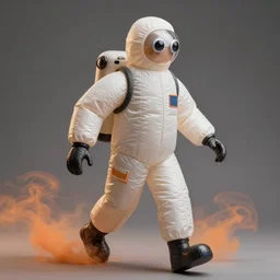 a single striding slender action figure of a tall giant inflated hazmat suit wearing man, long bendy arms and legs, googly eyes, tareme eyes, small head, personification, dynamic pose, detailed product photo, tone mapped, beautiful composition, orange mist swirling at feet, 8 5 mm, f 5. 8