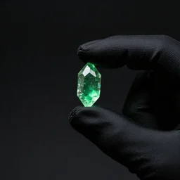 a small glowing green shard of kryptonite held between the index finger and thumb of a black - gloved hand, black background