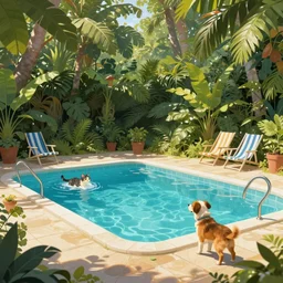 swimming pool in the middle of the jungle a cat and a dog playing around , empty beach chair , highly detailed, digital painting, artstation, concept art