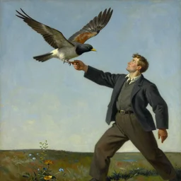 a painting of a bird flying away, a big man is holding him back by its foot, in the style of hopper