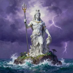 gigantic marble statue of the god of the sea wielding a trident on an island. roiling waves at the base. scene lit by lightning. thunderclouds in the background. fantasy setting. purples and greens. fantasy aesthetic. 4 k. painting with curved brush strokes