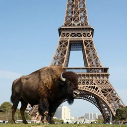 photo of a bison on the background of the Eiffel Tower, 50mm, beautiful photo