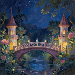 fairyland bridge, outside of time and space, dreamy, romantic, night lighting, expressive impressionist style, highly detailed, 8 k