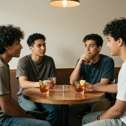 a group of gen z friends sitting around talking about climate change while drinking old fashions, in the style of a lofi chillstep video