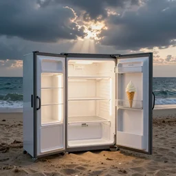 a beach with fridges and ice cream sea