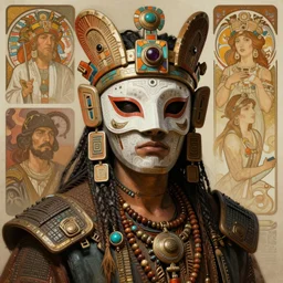 a expressive portrait of masked diesel punk quetzalcoatl on the art of mayan ancient culture, artstation, award - winning realistic sci - fi concept art by jim burns and greg rutkowski, beksinski, a realism masterpiece, expressive color palette, james gilleard, bruegel, alphonse mucha, and yoshitaka amano