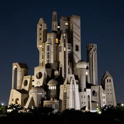 a sci - fi brutalist castle built in brutalism architecture, diverse unique building geometry full of shapes and corners, photography at night