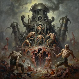 oil paint of flayed dire act of god machines in tiers, action crash, battling geocracking, fungal pit, trash patina sheen rotting, by alberto bontempi, alex ross, shigeru komatsuzaki, wayne d barlowe, stefano tamburini, narrative light, muted colors, epic, hyper detailed, awe inspiring, award winning horror, narrative lighting, hyper