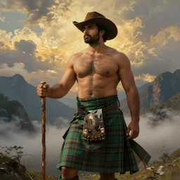 an ethereal dramatic epic beautiful painting of a shirtless handsome beefy desi man | he is wearing a green plaid kilt and cowboy hat, and holding a walking stick | background is mountains and clouds | dramatic lighting, golden hour, homoerotic | by mark maggiori, by walter crane | trending on artstation
