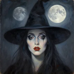 surrealism, abstract, witch, portrait, close - up, make up, full big moon, painting by gaston bussiere and albuquerque, soft light