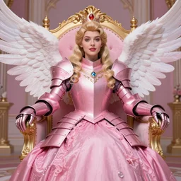 gorgeous!! hyper - realistic princess wearing ornate pink knight armor, angel wings l sitting at the thrown | superflat